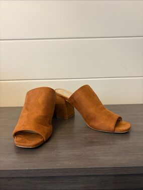 Suede Open-Toe Block Heel Mules in Cognac